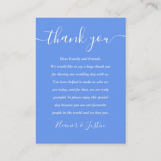 Cornflower Blue Modern Script Wedding Thank You Place Card (Front)