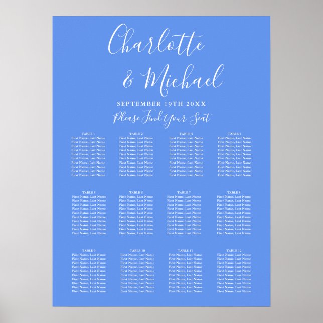 Cornflower Blue Modern Wedding Seating Chart (Front)