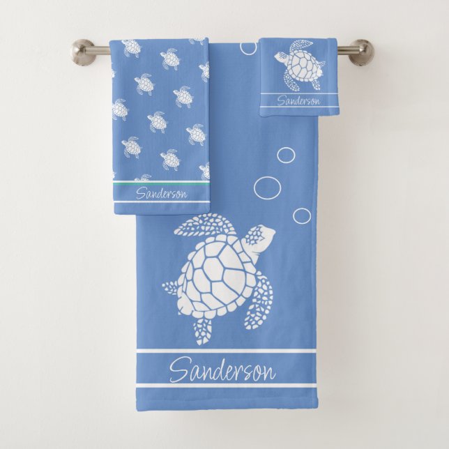 Cornflower Blue Monogram White Sea Turtle Nautical Bath Towel Set (Insitu)