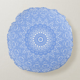 Cornflower Blue Symmetry Mandala Round Cushion