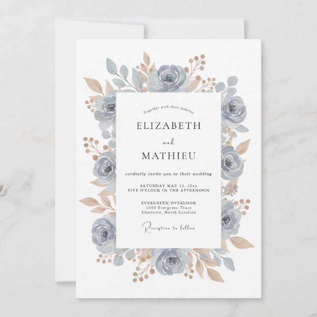 Cornflower Blue Timeless Botanical Wedding Invitation (Front)