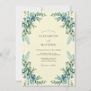 Cornflower Blue Watercolor Floral Wedding Invitation