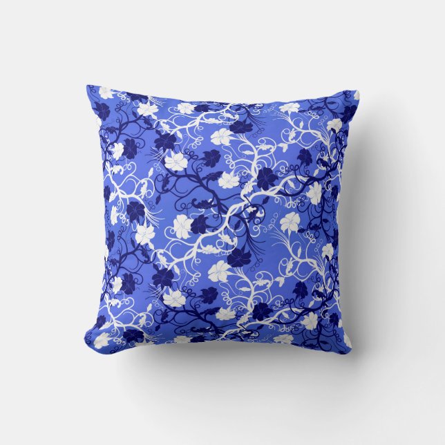 Cornflower Blue & White Elegant Floral Pattern Cushion (Front)