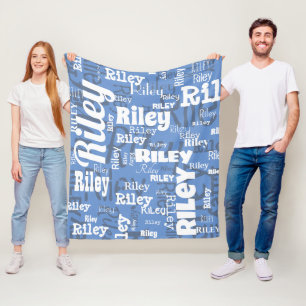 Cornflower Blue White Name Pattern Personalised Fleece Blanket