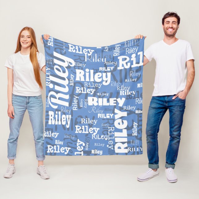 Cornflower Blue White Name Pattern Personalised Fleece Blanket (In Situ)