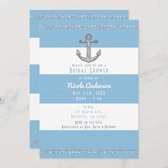 Cornflower Blue & White Stripes Diamond Anchor Invitation (Front/Back)