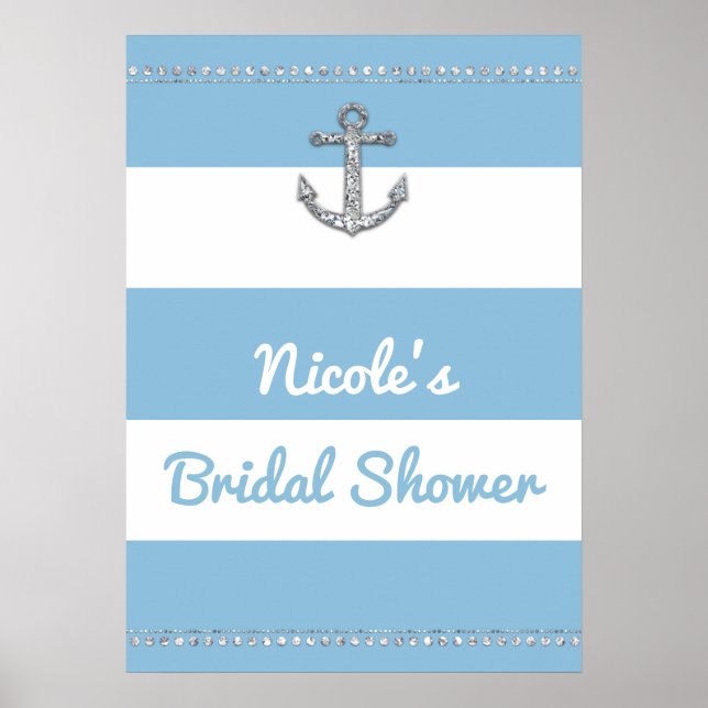 Cornflower Blue & White Stripes Diamond Anchor Poster (Front)