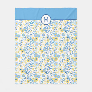 Cornflower Blue Yellow Floral Pattern Monogram Fleece Blanket