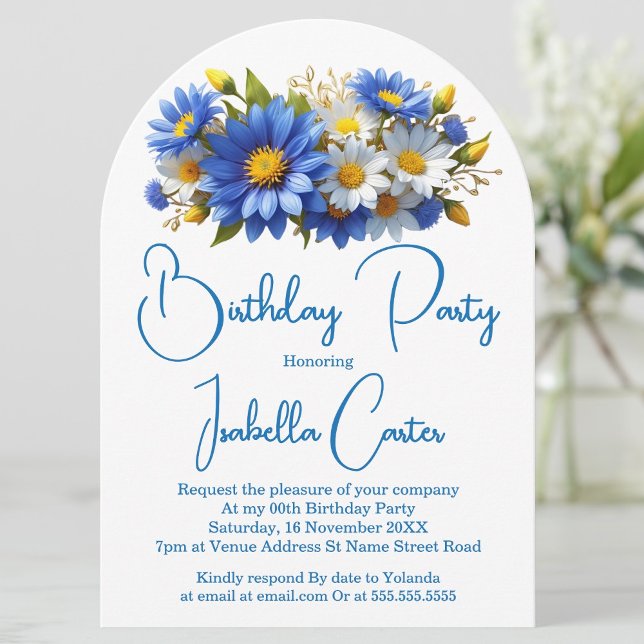 Cornflower Blue Yellow White Birthday Floral Invitation (Creator Uploaded)