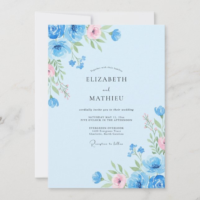 Cornflower Blush Pink Ranunculus Eucalyptus Weddin Invitation (Front)