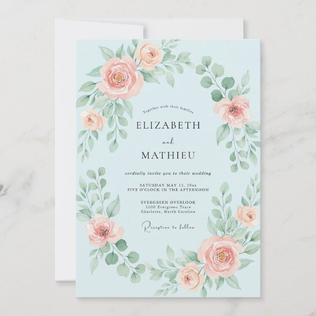 Cornflower Coral Blossom Wedding Invitation (Front)