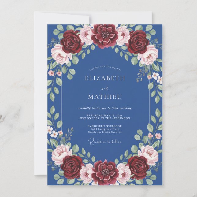 Cornflower Crimson Rose Wedding Invitation (Front)