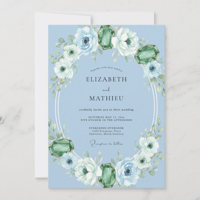Cornflower Emerald Ranunculus Eucalyptus Wedding Invitation (Front)
