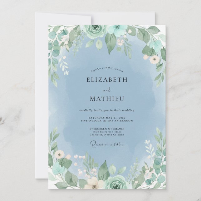 Cornflower Foliage Eucalyptus Wedding Invitation (Front)