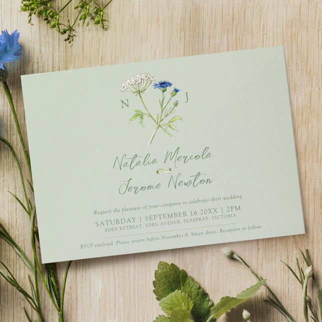 Cornflower hartwort botanical green blue wedding invitation (Creator Uploaded)