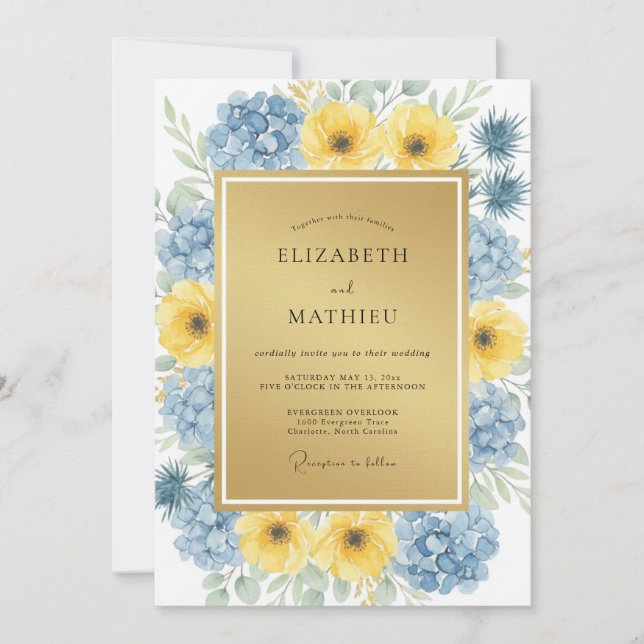 Cornflower Ochre Ranunculus Eucalyptus Wedding Invitation (Front)