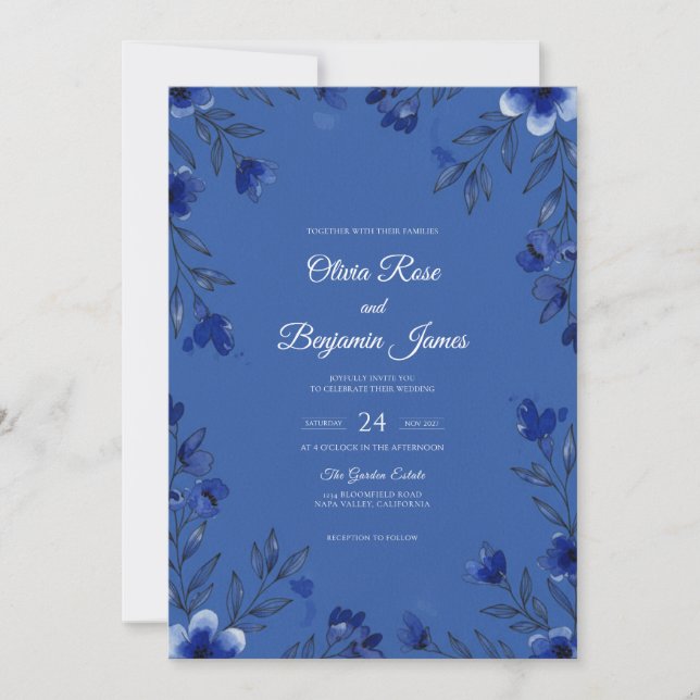 Cornflower Painted Leaf Wedding Invitation (Front)