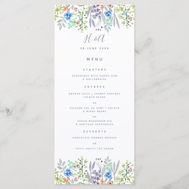 Cornflower rustic greenery Wedding Breakfast Menu (Front)