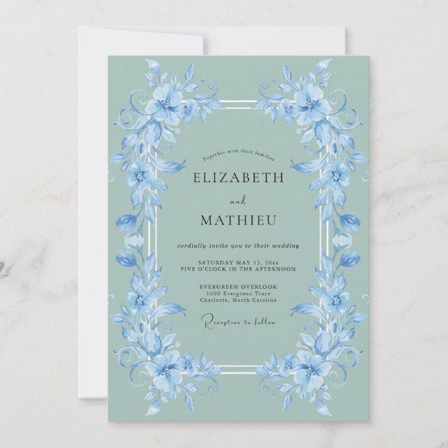Cornflower Sage Romantic Floral Wedding Invitation (Front)