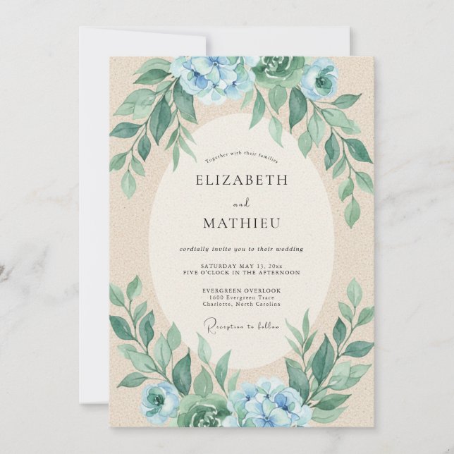 Cornflower Seafoam Foliage Eucalyptus Wedding Invitation (Front)