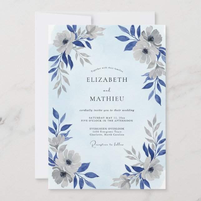 Cornflower Silver Petal Wedding Invitation (Front)