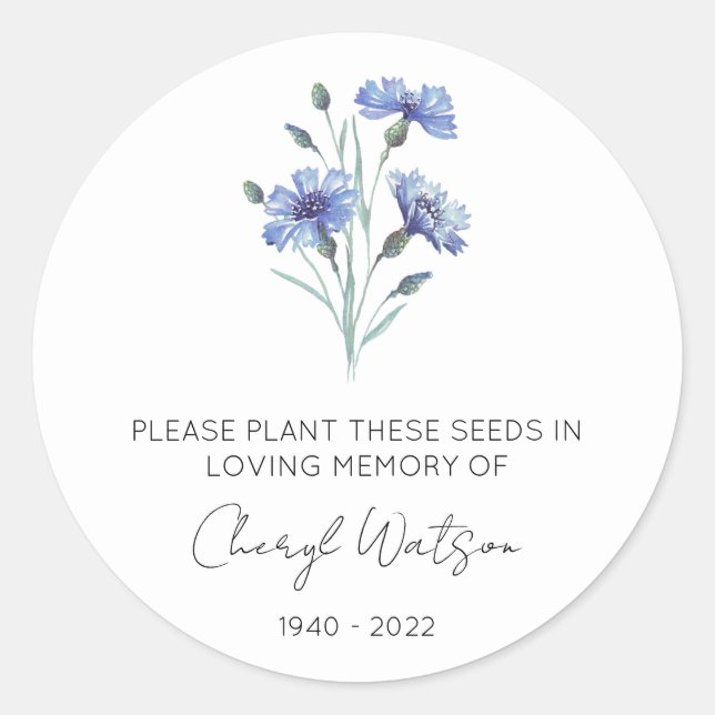 Cornflower | Simple Memorial Seed Packet Classic Round Sticker (Front)