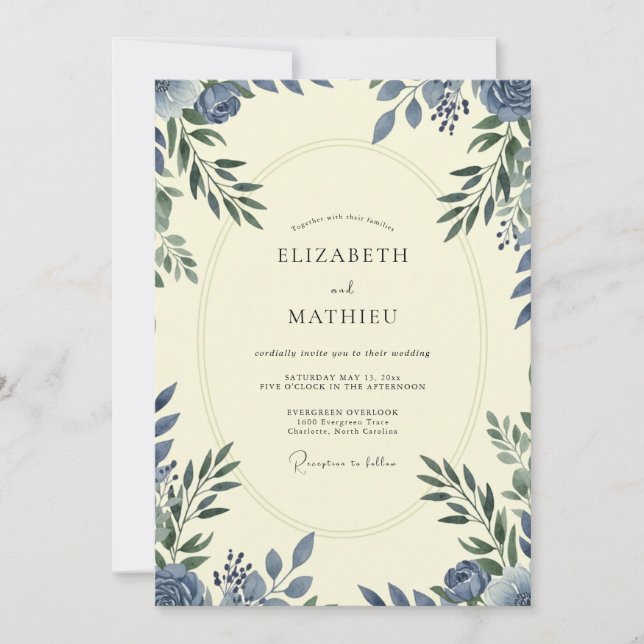 Cornflower Slate Foliage Eucalyptus Wedding Invitation (Front)