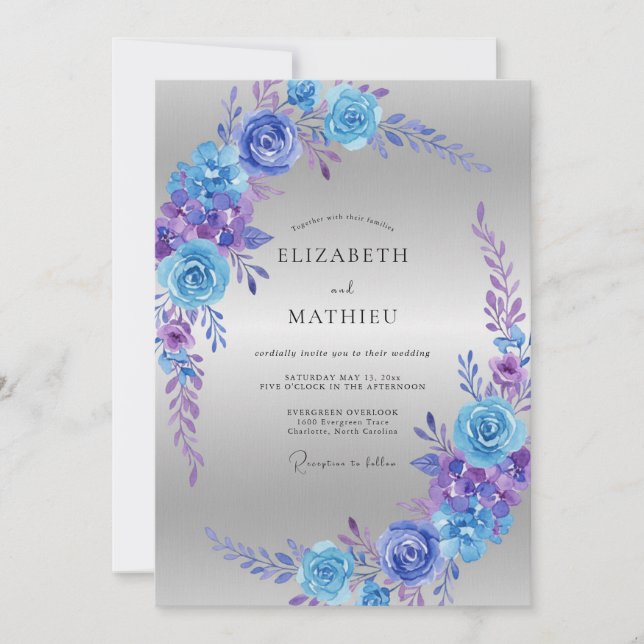 Cornflower Violet Rose Wedding Invitation (Front)