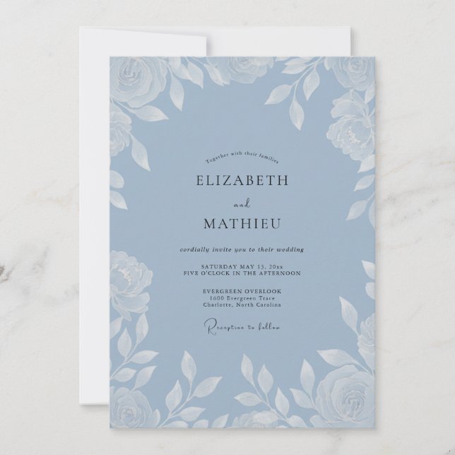 Cornflower White Leafy Wedding Invitation (Front)