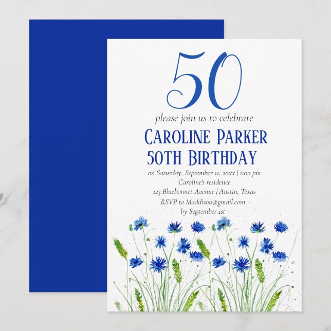 Cornflowers 50th Birthday Blue Floral Invitation (Front/Back)