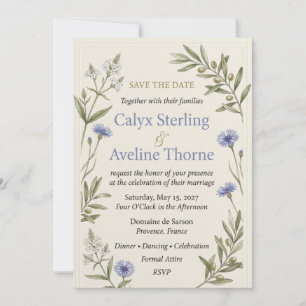 Cornflowers, Olive Branches, White Blossoms, Borde Invitation