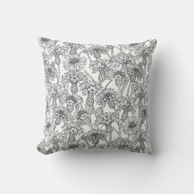 Cornflowers, wild flowers in black and white cushion (Front)