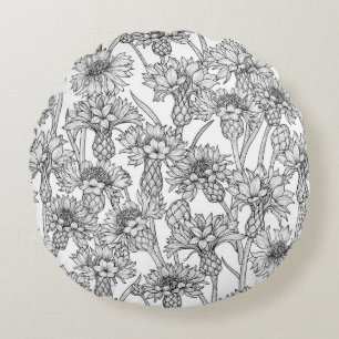 Cornflowers, wild flowers in black and white round cushion
