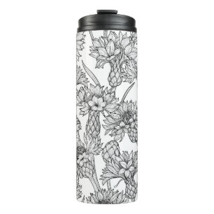 Cornflowers, wild flowers in black and white thermal tumbler
