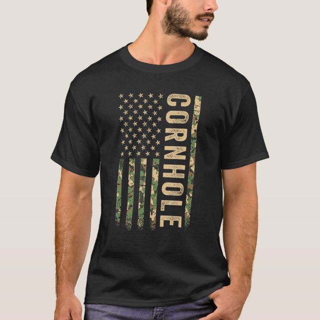 Cornhole American Flag Camo Veteran Patriotic Toss T-Shirt (Front)