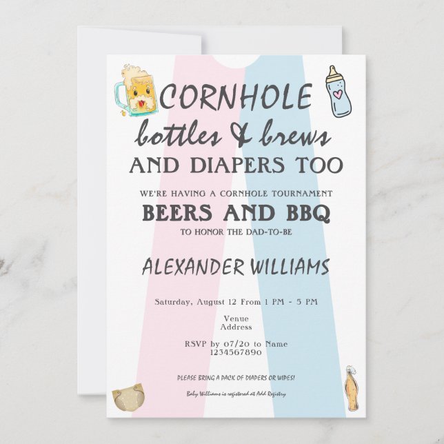 Cornhole Bottles Brews & Diapers BBQ Baby Shower Invitation (Front)