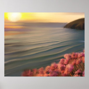 Cornish cliffs and sea pinks at sunset poster