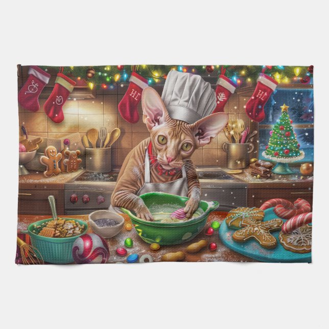 Cornish Rex Holiday Baking: Festive Christmas Tea Towel (Horizontal)