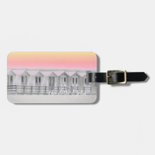 Cornish seaside beachhuts pink sunset luggage tag
