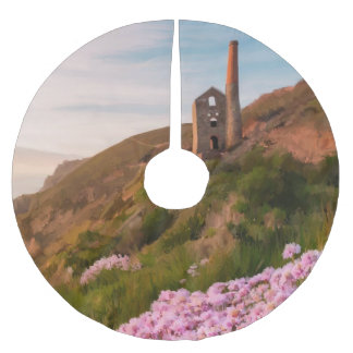Cornish tin mine with pink flowers brushed polyester tree skirt