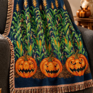 Cornstalks & Pumpkins Halloween Fringe Throw Blanket