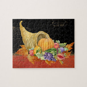 Cornucopia Autumn Harvest Leaves Pomegranate grape Jigsaw Puzzle