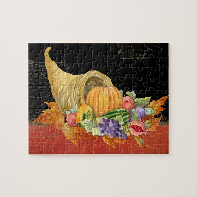 Cornucopia Autumn Harvest Leaves Pomegranate grape Jigsaw Puzzle (Horizontal)