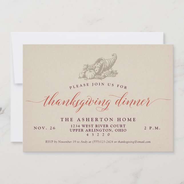 Cornucopia classic Thanksgiving Invitation (Front)