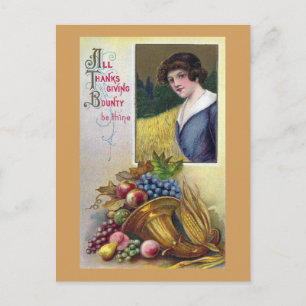 Cornucopia, Grapes and Lady Vintage Thanksgiving Holiday Postcard