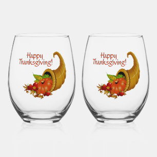 Cornucopia Happy Thanksgiving Stemless Wine Glass