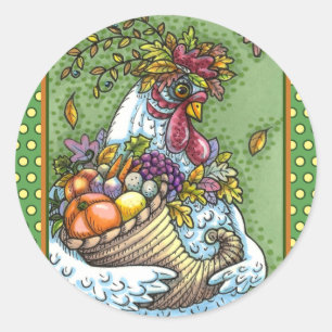 CORNUCOPIA HEN, THANKSGIVING CHICKEN FALL HARVEST CLASSIC ROUND STICKER