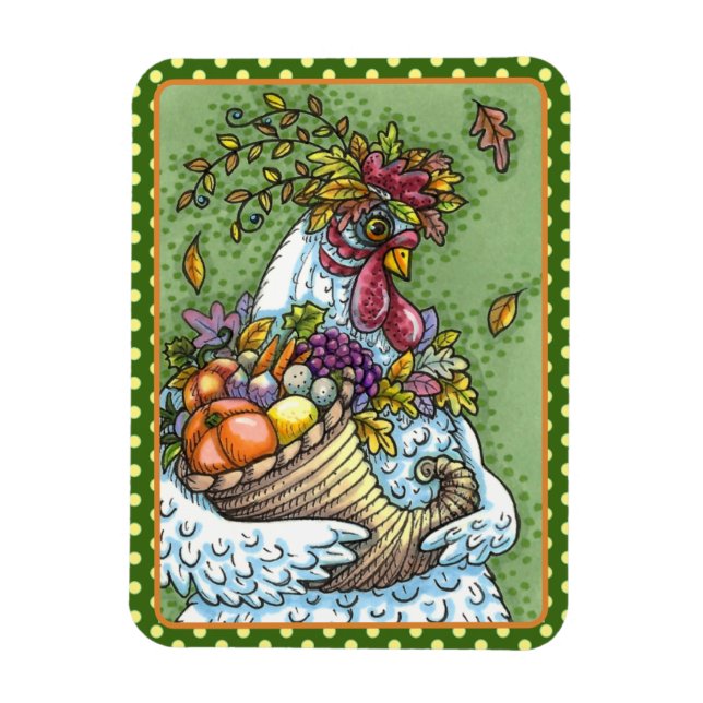 CORNUCOPIA HEN, THANKSGIVING CHICKEN FALL HARVEST MAGNET (Vertical)