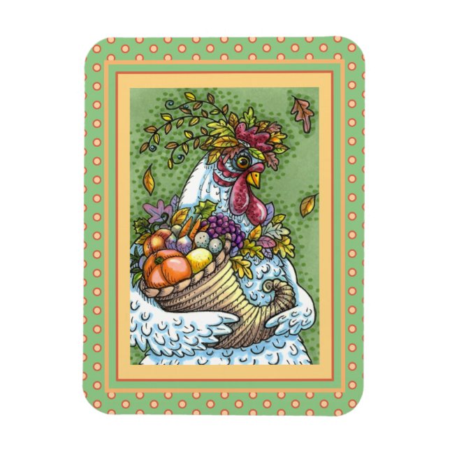 CORNUCOPIA HEN, THANKSGIVING CHICKEN FALL HARVEST MAGNET (Vertical)