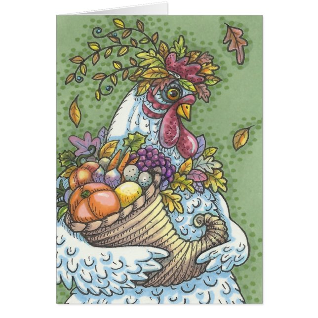 CORNUCOPIA HEN, THANKSGIVING GREETING CARD Blank (Front)